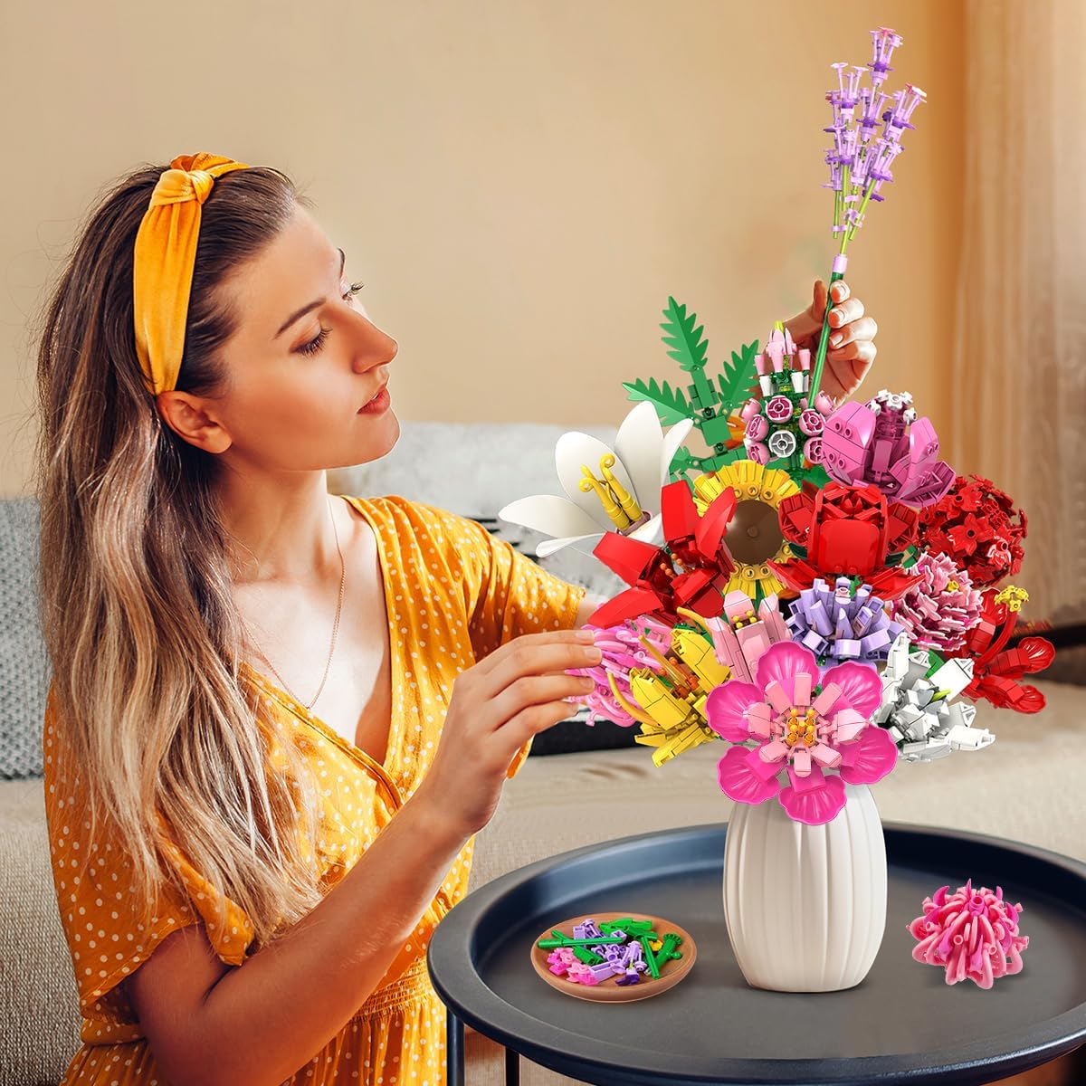 Kit di Costruzione Bouquet Floreale con 18 Fiori, Rose e Girasoli – Decorazione per la Casa