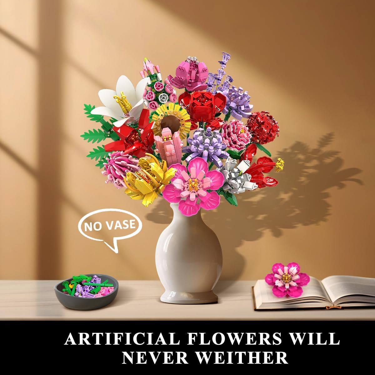 Kit di Costruzione Bouquet Floreale con 18 Fiori, Rose e Girasoli – Decorazione per la Casa