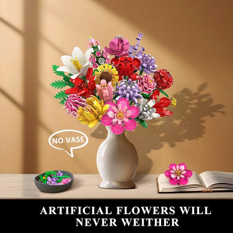 Kit di Costruzione Bouquet Floreale con 18 Fiori, Rose e Girasoli – Decorazione per la Casa
