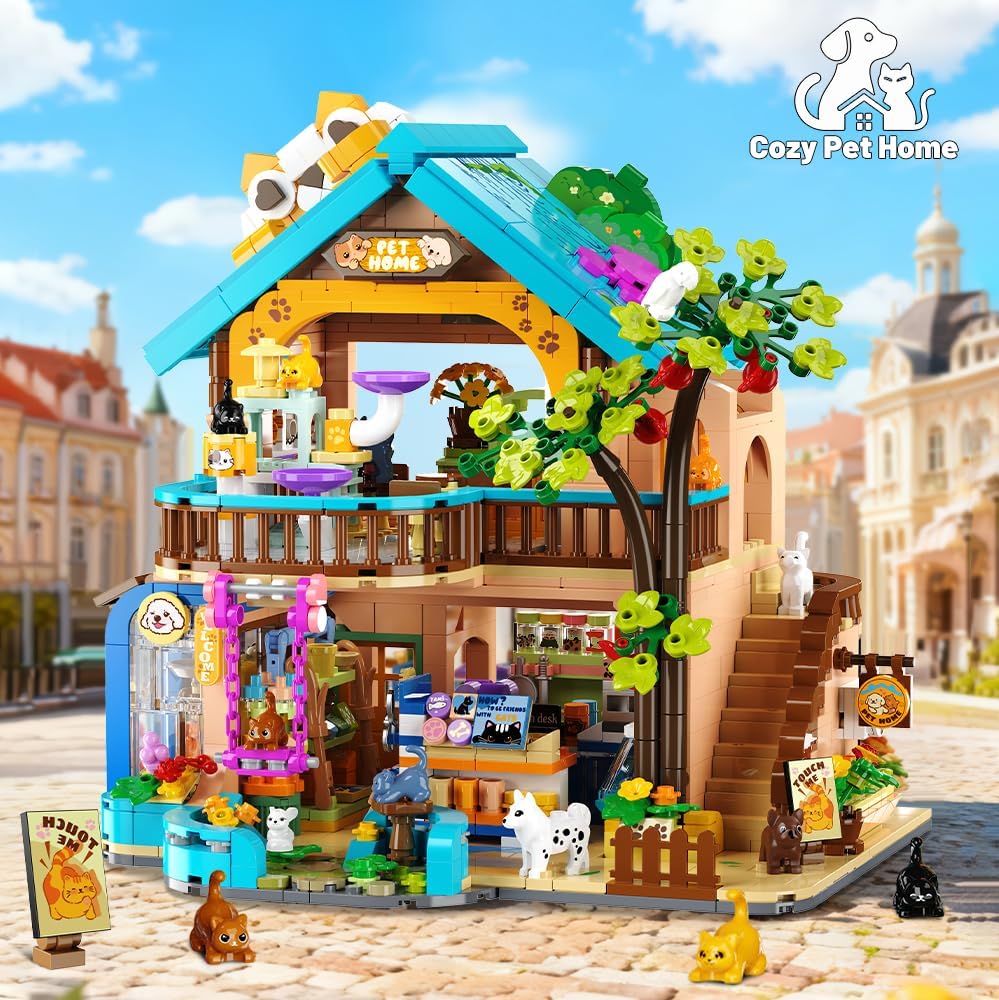 Negozio di animali in città: set di costruzioni con luci