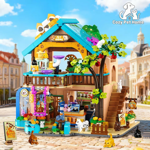 Negozio di animali in città: set di costruzioni con luci