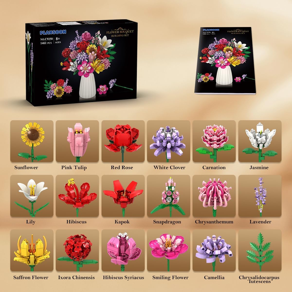 Kit di Costruzione Bouquet Floreale con 18 Fiori, Rose e Girasoli – Decorazione per la Casa