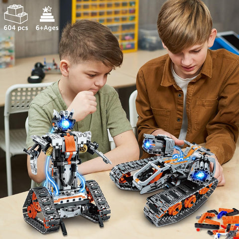 Set da Costruzione 5 in 1 con Luci LED, Controllo tramite App e Telecomando, 604 Pezzi, Carro Armato RC Ricaricabile, Robot Tecnologico e Veicolo Cingolato
