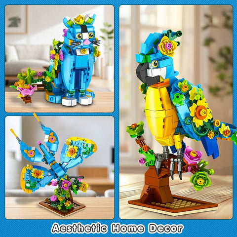 Set di costruzioni 3 in 1 con fiore, pappagallo e farfalla