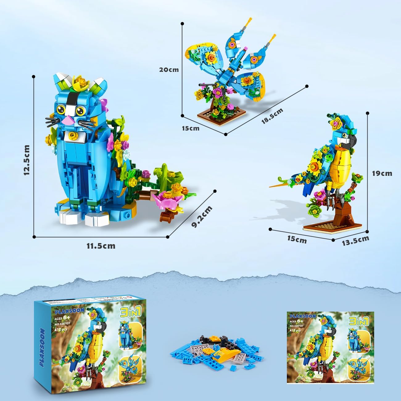 Set di costruzioni 3 in 1 con fiore, pappagallo e farfalla