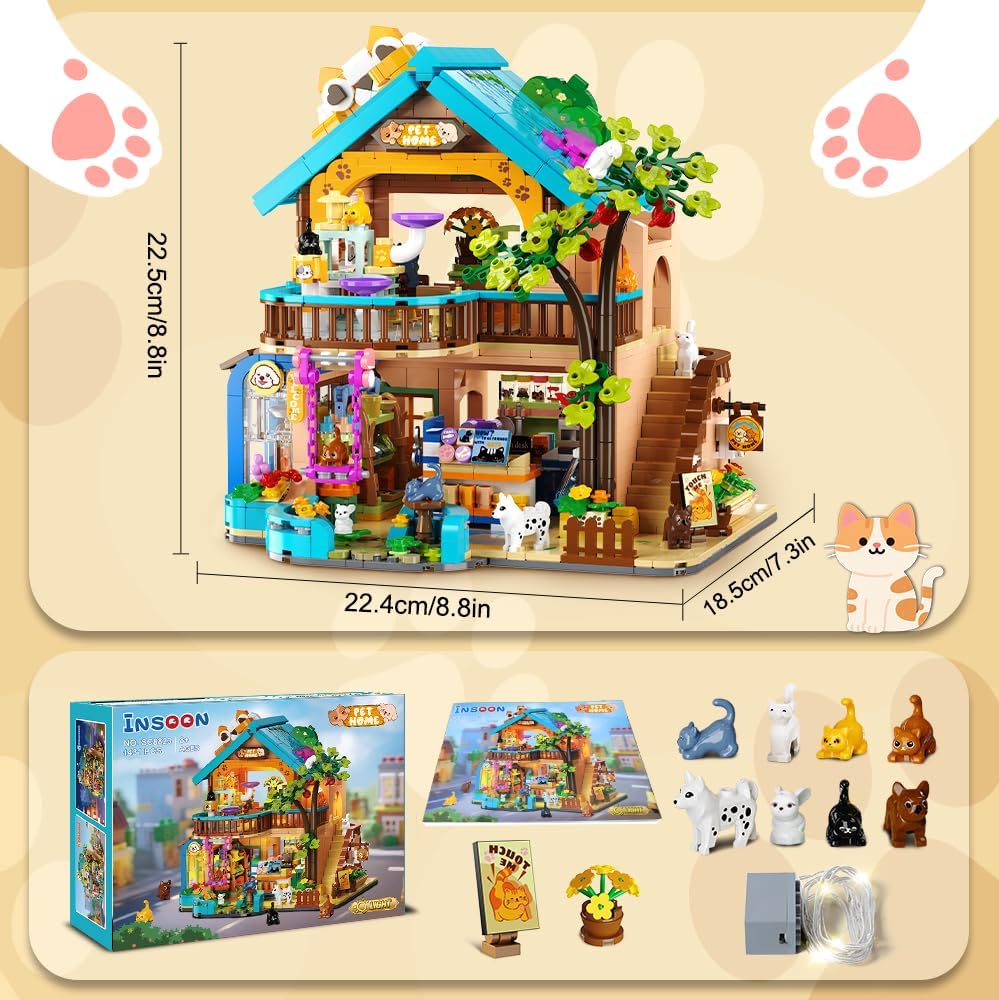 Negozio di animali in città: set di costruzioni con luci