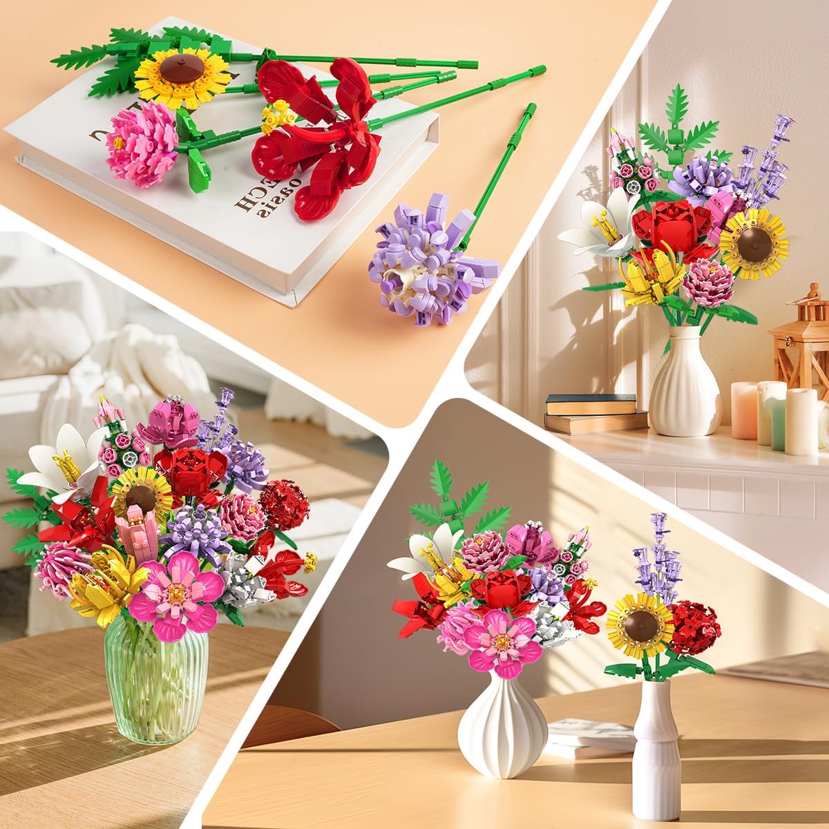 Kit di Costruzione Bouquet Floreale con 18 Fiori, Rose e Girasoli – Decorazione per la Casa