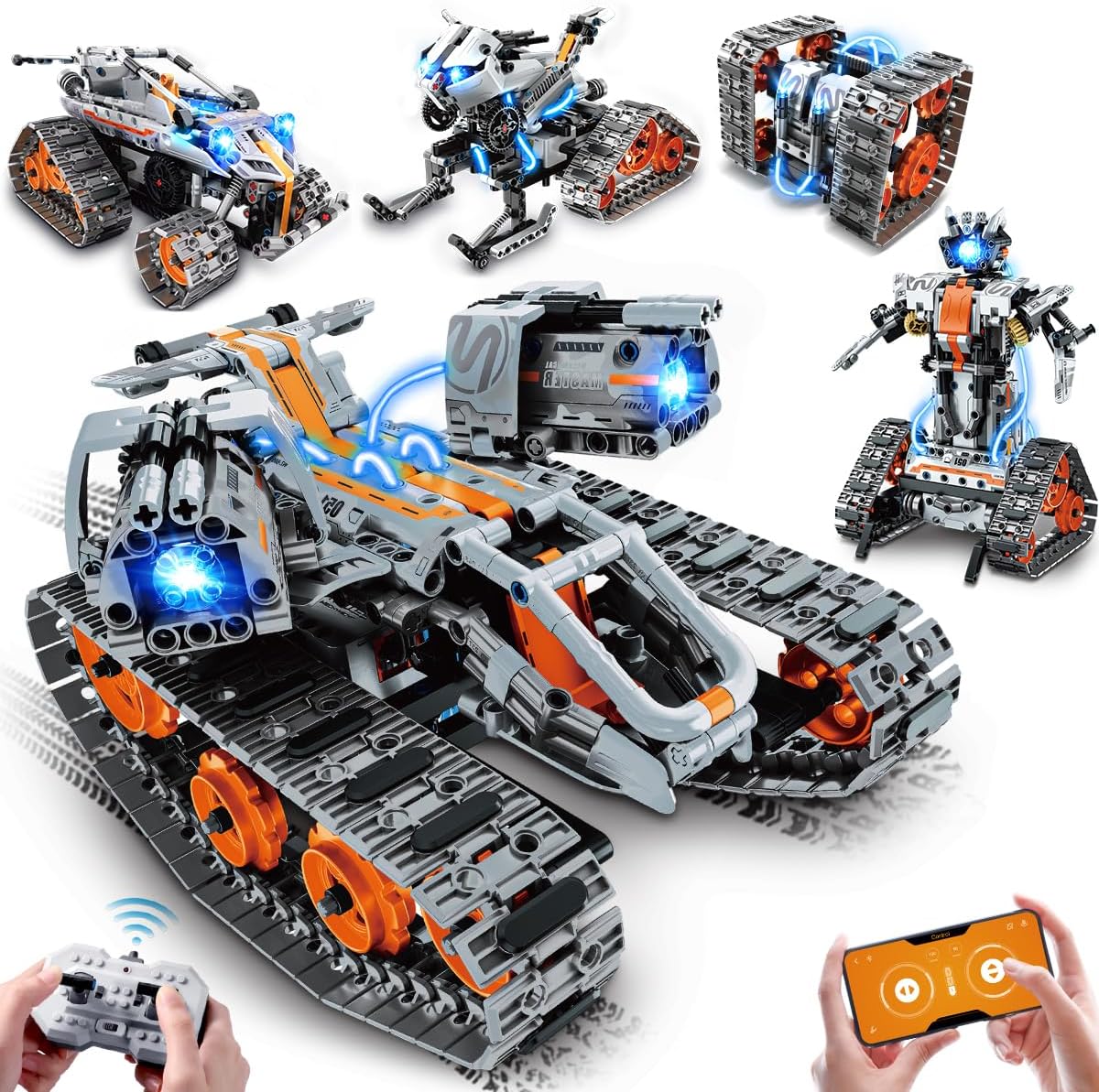 Set da Costruzione 5 in 1 con Luci LED, Controllo tramite App e Telecomando, 604 Pezzi, Carro Armato RC Ricaricabile, Robot Tecnologico e Veicolo Cingolato