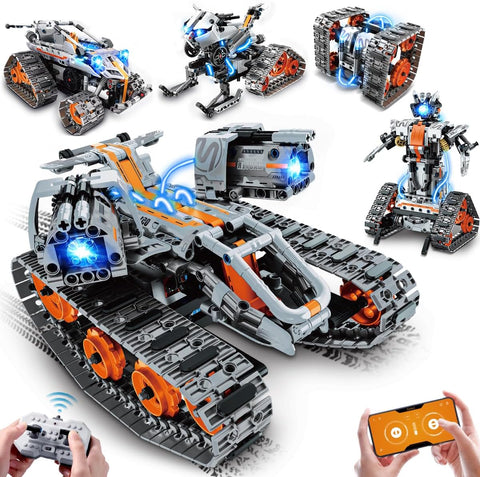 Set da Costruzione 5 in 1 con Luci LED, Controllo tramite App e Telecomando, 604 Pezzi, Carro Armato RC Ricaricabile, Robot Tecnologico e Veicolo Cingolato
