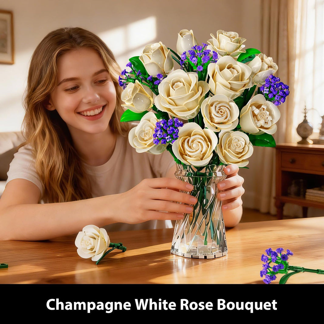 Weiße Rosenblumenstrauß-Bau-Set mit Beleuchtung