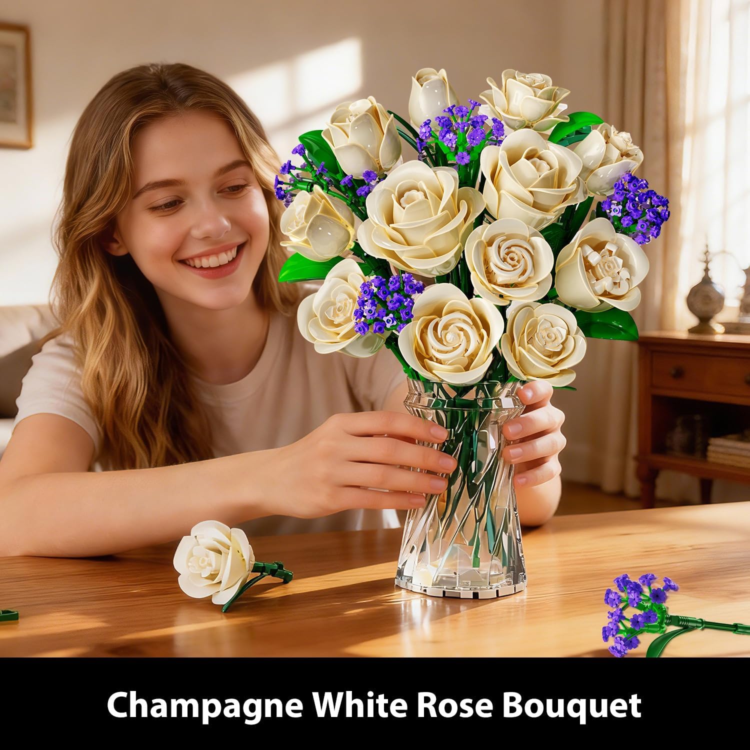 Set di Costruzioni Bouquet di Rose Bianche con Luci LED