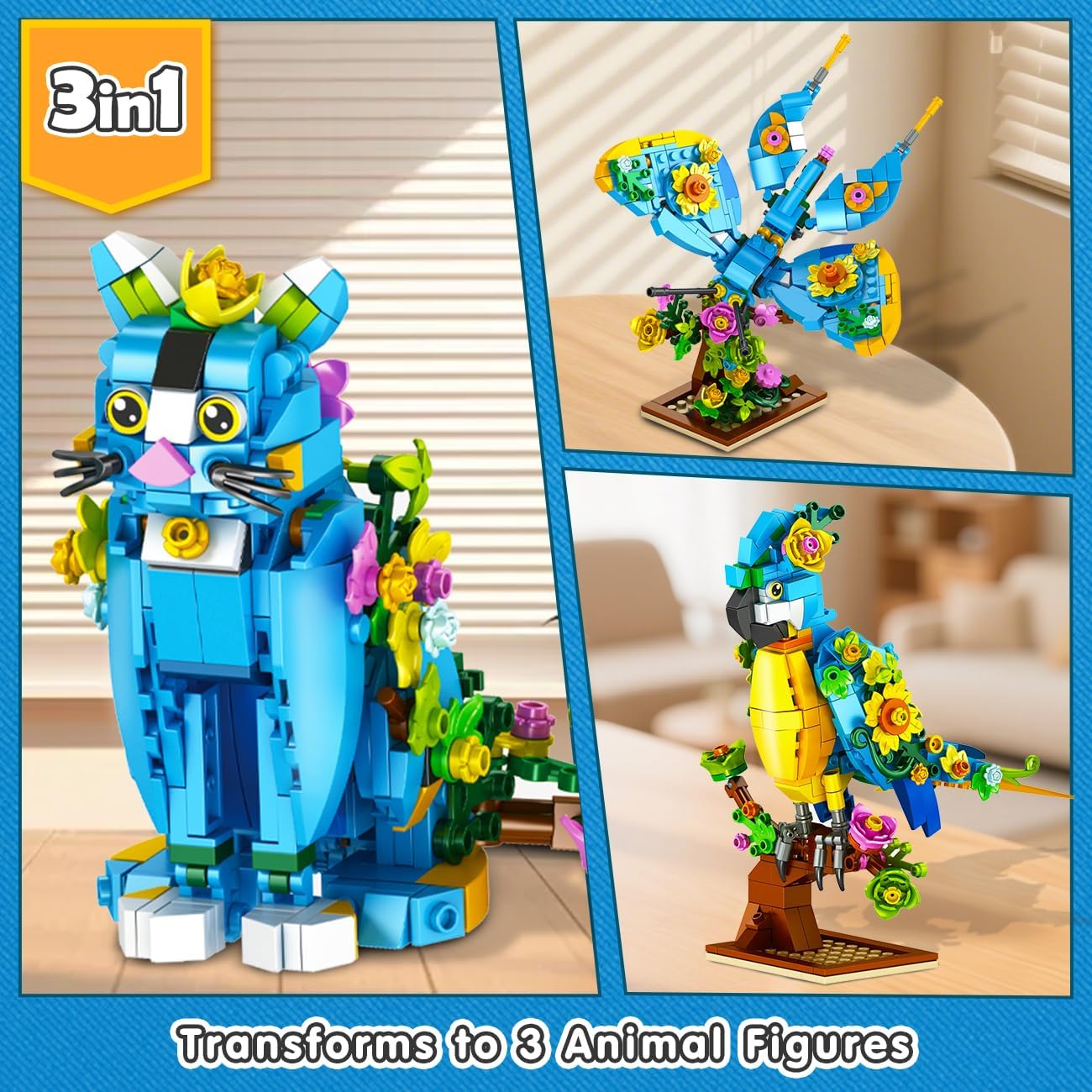 Set di costruzioni 3 in 1 con fiore, pappagallo e farfalla