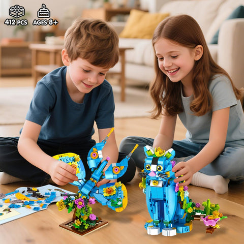 Set di costruzioni 3 in 1 con fiore, pappagallo e farfalla