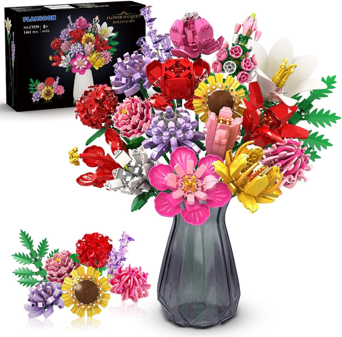 Kit di Costruzione Bouquet Floreale con 18 Fiori, Rose e Girasoli – Decorazione per la Casa