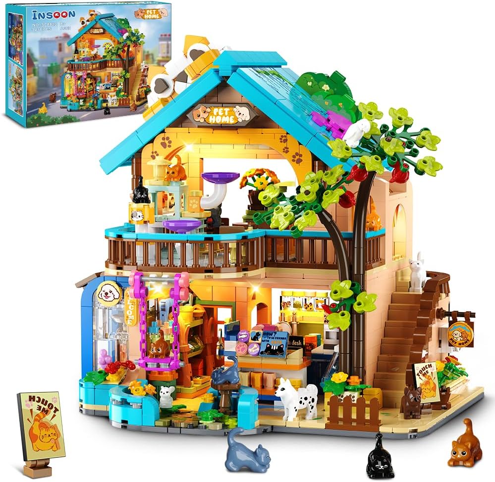 Negozio di animali in città: set di costruzioni con luci
