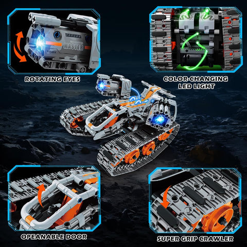 Set da Costruzione 5 in 1 con Luci LED, Controllo tramite App e Telecomando, 604 Pezzi, Carro Armato RC Ricaricabile, Robot Tecnologico e Veicolo Cingolato