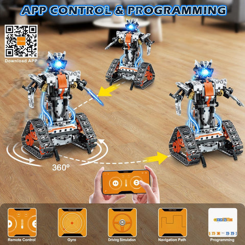 Set da Costruzione 5 in 1 con Luci LED, Controllo tramite App e Telecomando, 604 Pezzi, Carro Armato RC Ricaricabile, Robot Tecnologico e Veicolo Cingolato