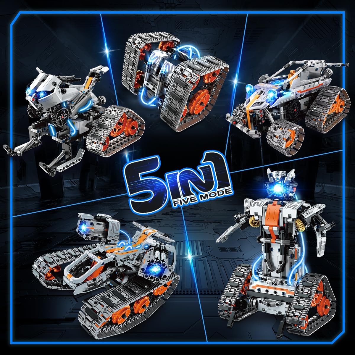 Set da Costruzione 5 in 1 con Luci LED, Controllo tramite App e Telecomando, 604 Pezzi, Carro Armato RC Ricaricabile, Robot Tecnologico e Veicolo Cingolato