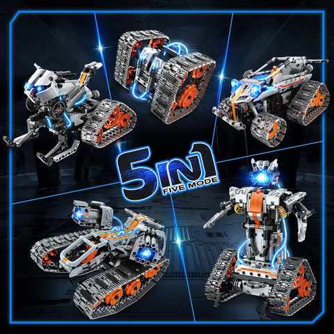 Set da Costruzione 5 in 1 con Luci LED, Controllo tramite App e Telecomando, 604 Pezzi, Carro Armato RC Ricaricabile, Robot Tecnologico e Veicolo Cingolato