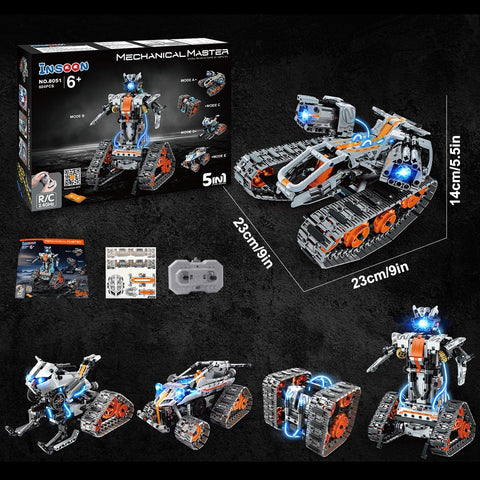 Set da Costruzione 5 in 1 con Luci LED, Controllo tramite App e Telecomando, 604 Pezzi, Carro Armato RC Ricaricabile, Robot Tecnologico e Veicolo Cingolato